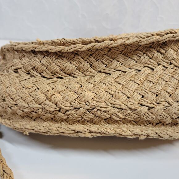 VINTAGE Woven Wooden Cinch Bag Brown Circle Handmade Rattan Summer‎ Beach Bag - Picture 6 of 14